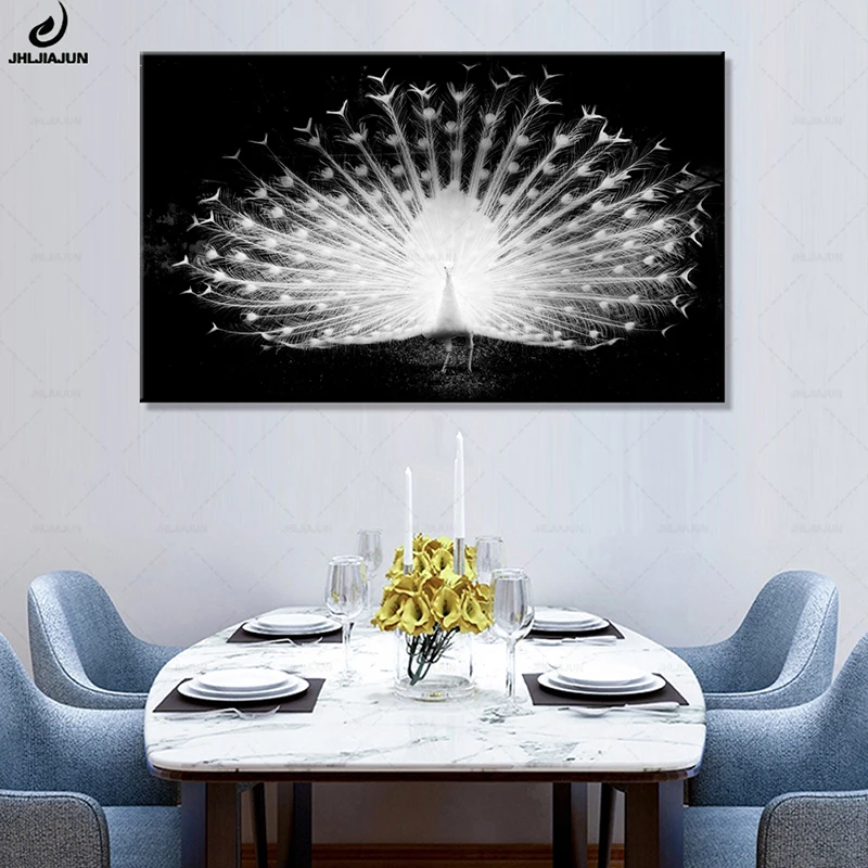 White Peacock Showing Tail Black And White Canvas Painting Poster