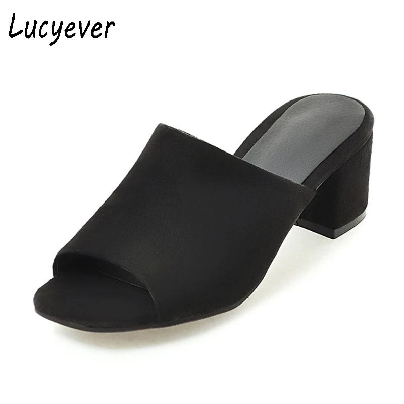Meilleur Lucyever 2018 Été Décontracté Doux En Cuir Talons Hauts Pantoufles Concis Troupeau Solide Chaussures Femme Bout Ouvert Tongs Grande Taille 34 43
