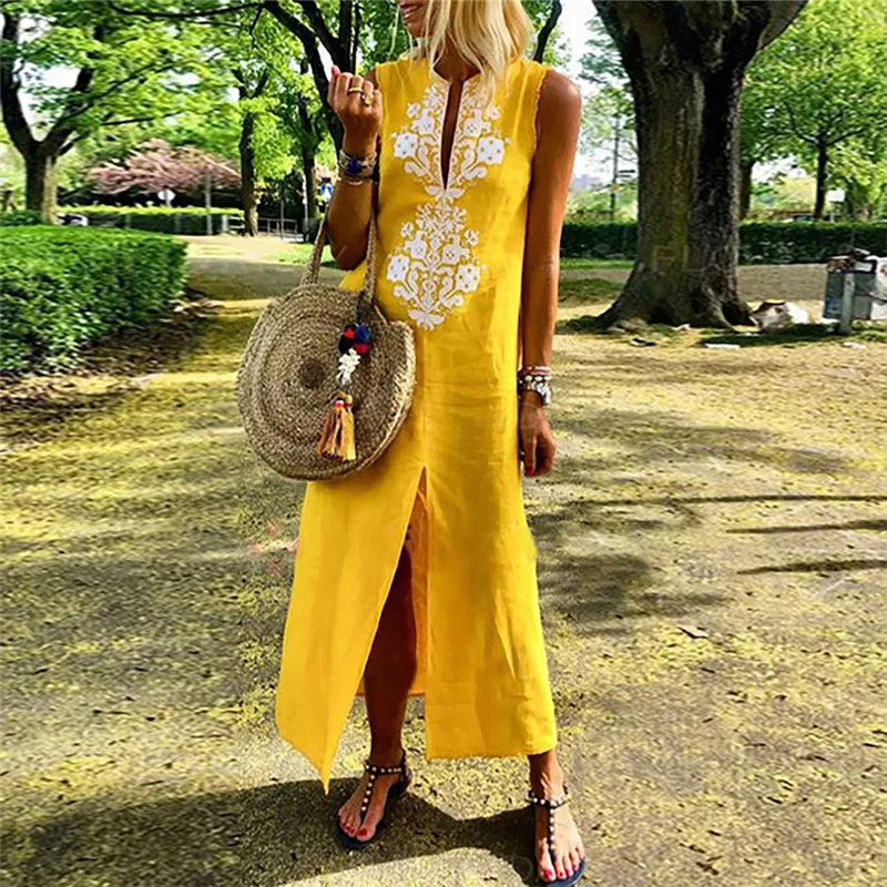 

JAYCOSIN 2019 Women Summer Dress Printed Sleeveless V-neck Maxi Dress Split Hem Baggy Kaftan Dress Loose Casual Dress may28#4