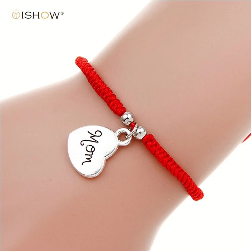 Simple Design heart bracelets Handmade Red Rope Braided Silver Love Heart Mom Charm Wrap