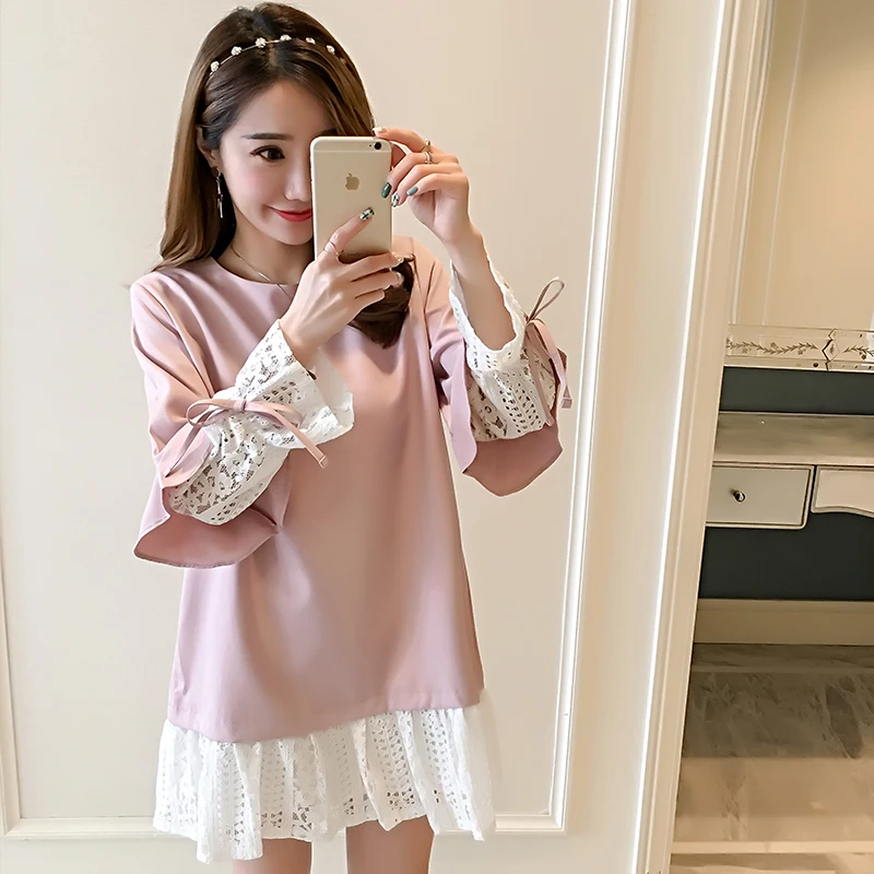 

2017 autumn hot maternity clothing and leisure lace long sleeve one piece dresses