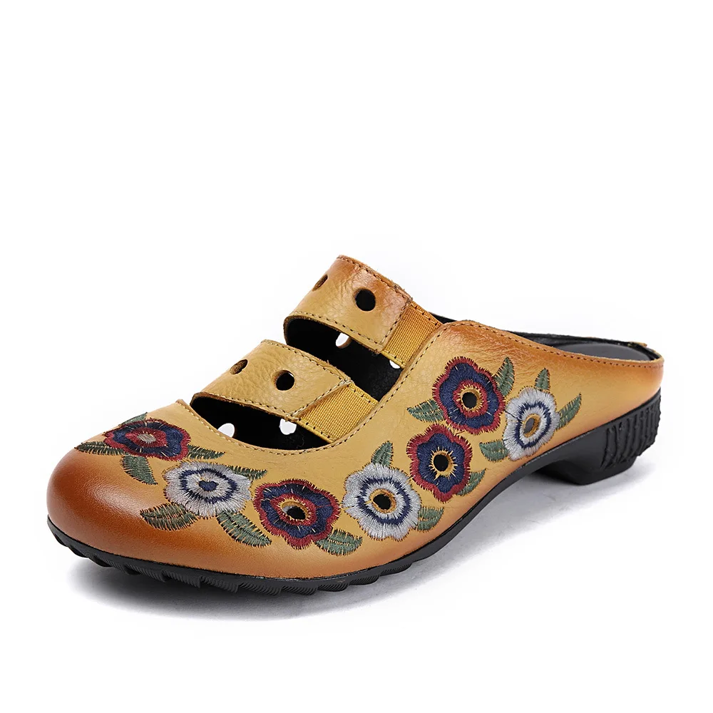 En Marque Broderie Zxryxgs 2018 Creux Pantoufles Nouvelle D'été Véritable Sandales Cuir Noir Femmes Pantoufle Mode jaune De Chaussures P4nEWrq8E