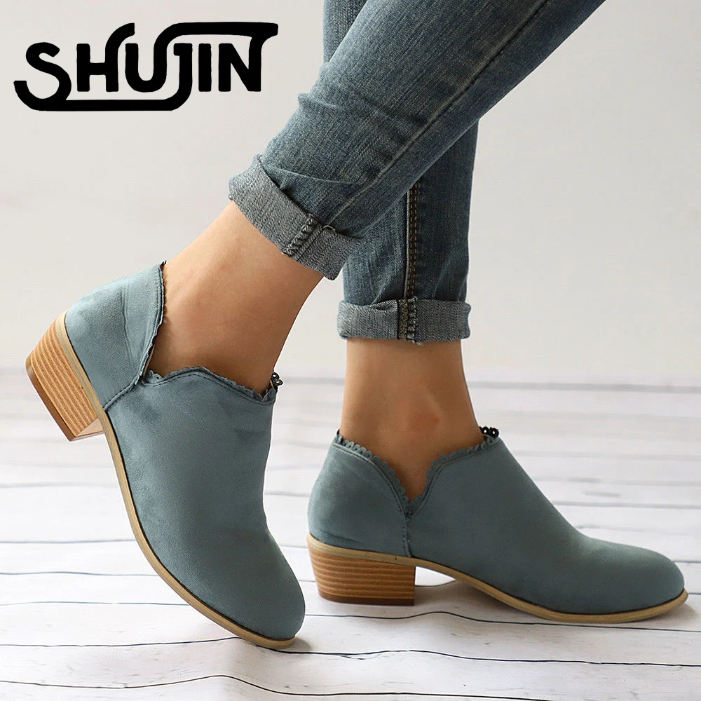 

2019 Autumn Fashion New Style Ankle Pumps Shoes Women Flock Antiskid Female Soft Med Heel Casual Shoes