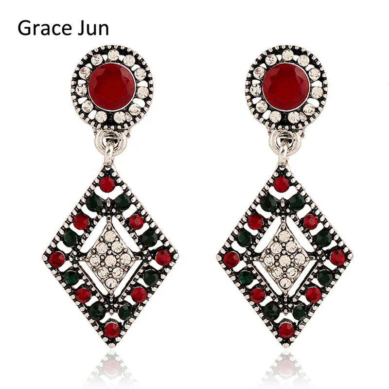 

Grace Jun Vintage Style Multicolor Rhinestone Drop Clip on Earring No Pierced for Women Fashion Square Style No Hole Ear Clip