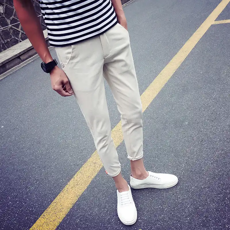 2019 летние однотонные штаны мужские, длиной до щиколотки Slim Fit Для мужчин s Повседневные штаны для мальчиков размера плюс стрейч женские шаровары брюки Для мужчин брюки мужские Размеры: 28-40 - изображение