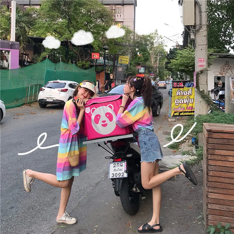 Харадзюку с цветными блоками, контрастная радужная полоса, свободная футболка размера плюс, Женский Топ, футболка, корейское платье/Vestidos, футболка, уличная одежда, милая