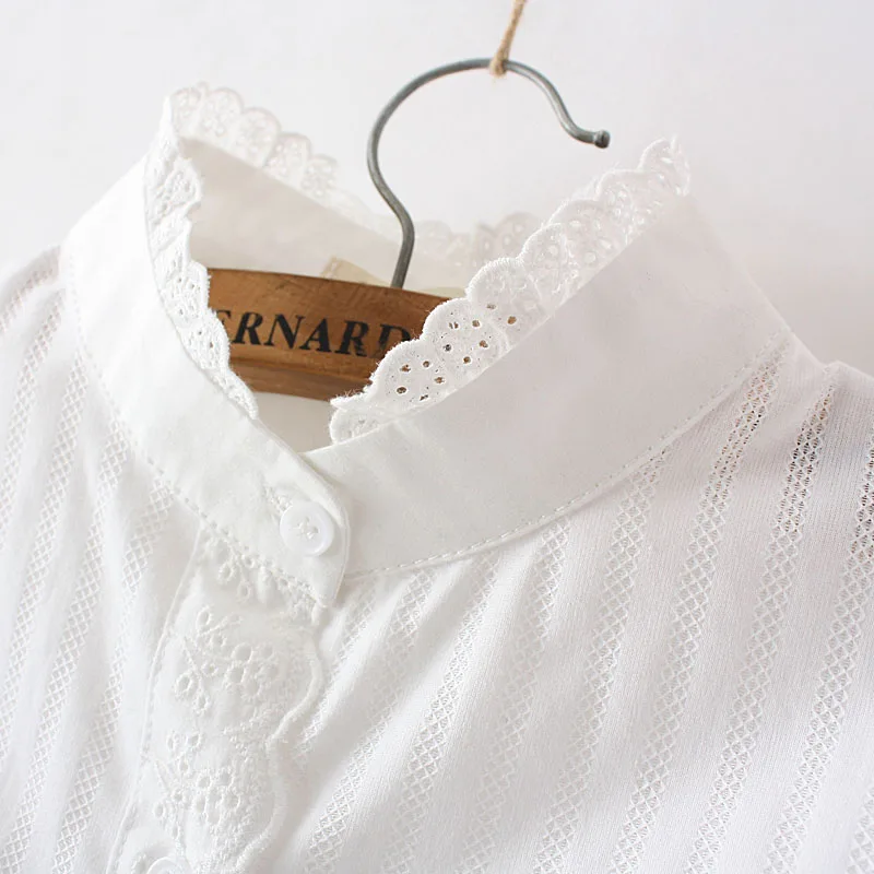  Women Lace White Shirts Summer Spring Long-sleeve Ruffled 100% Cotton Slim Soft Blouse Tops 0.15 Kg