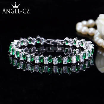 

ANGELCZ Charming Rectangle Cubic Zircon Crystal Silver Color Jewelry Natural Green CZ Stone Ladies Prom Bracelet For Women AB116