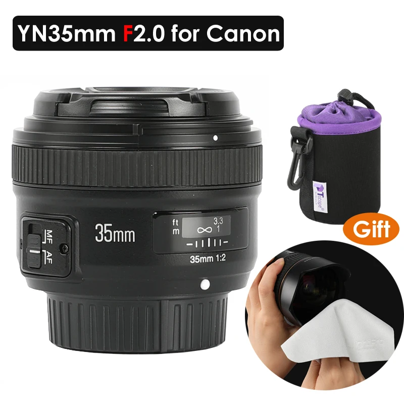 YONGNUO YN35mm F2 1:2 AF MF Wide-angle Fixed Prime Len for Canon EF EOS Camera 5DIV 7DII 5DII 60D 6D Free lens bag Cleaning Kit
