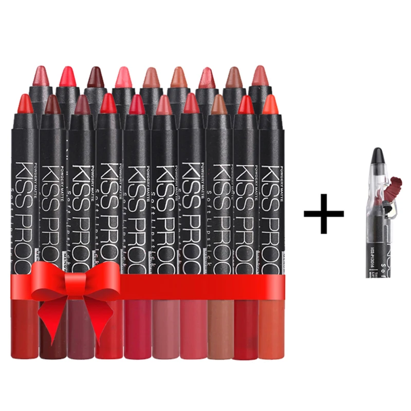 

MENOW 19 Color/set KISS PROOF Sexy Beauty Waterproof Lipstick Pen Lasting Do Not Fade Lipstick Gift 19Pcs Pencil Sharpener 418