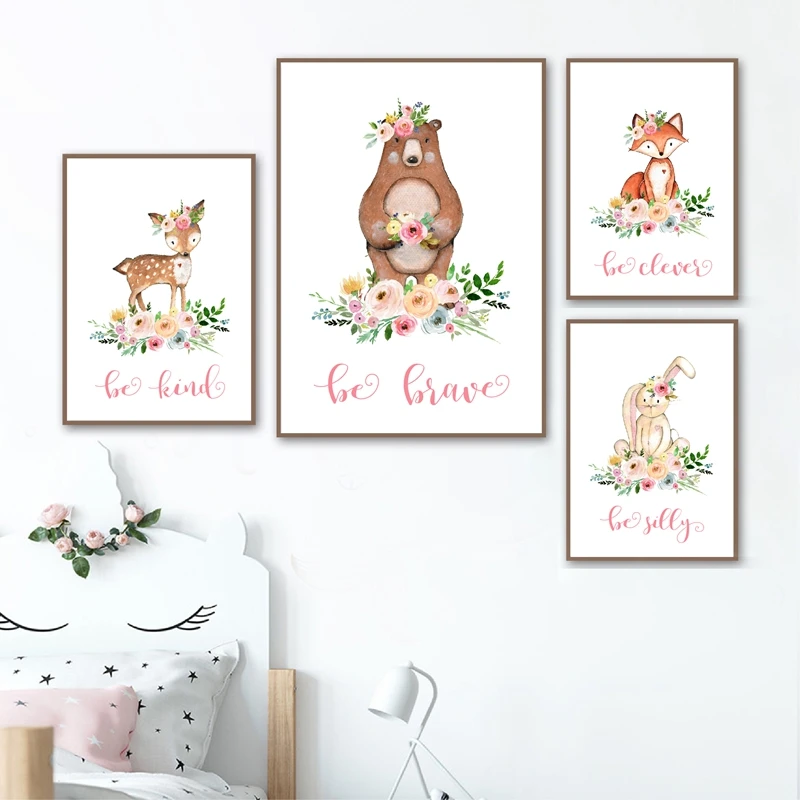 Woodland Animals Flowers Watercolor Canvas Painting Kids Room Decor