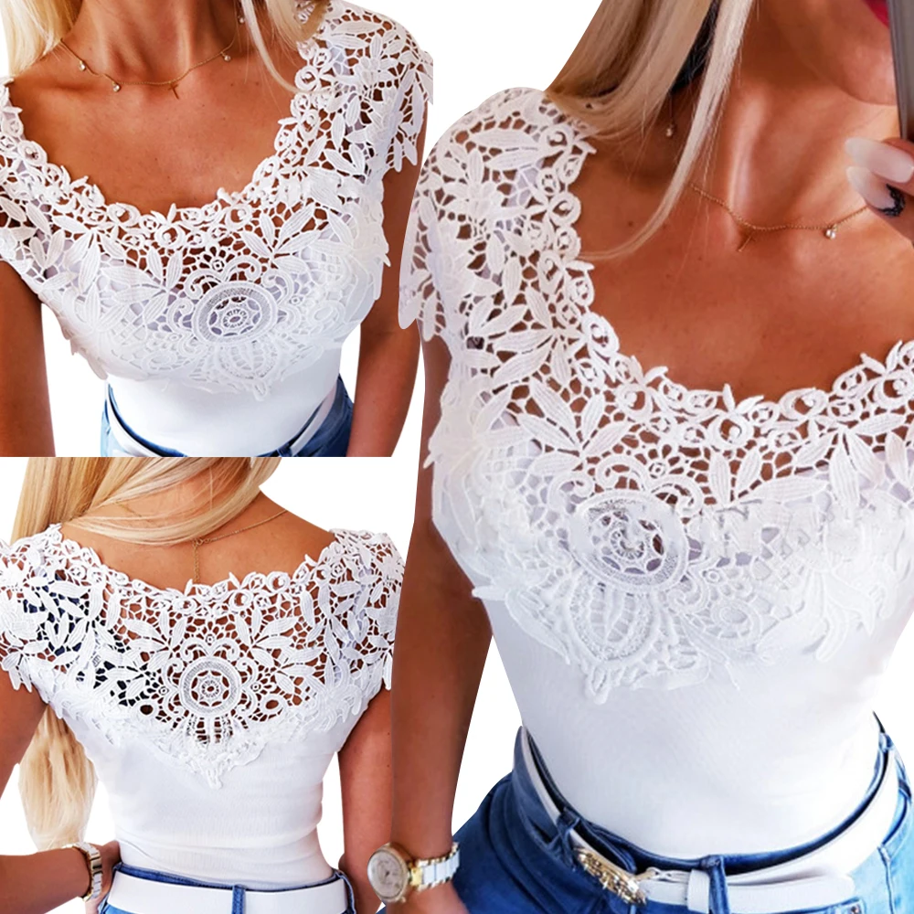 

2019 Summer Clothing Lace Hollow Out Short Sleeve Women Tshirt White Lace Patchwork Women Tops Sexy Tops Women