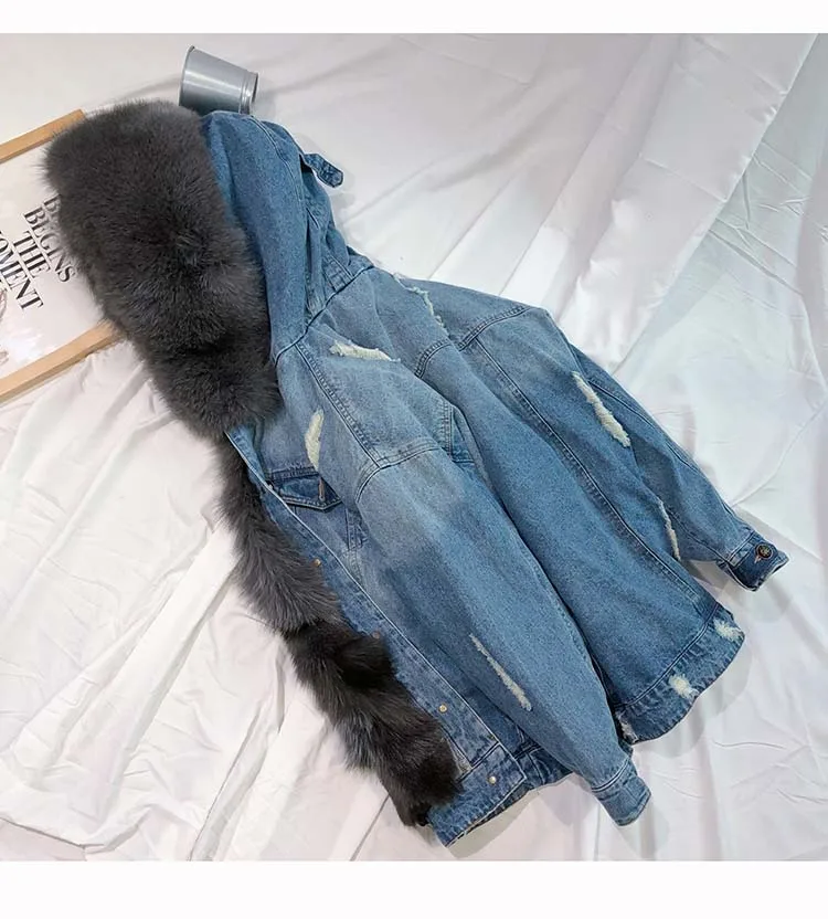 Зимняя женская Роскошная куртка из меха енота/лисы, Опушка из лисьего меха, джинсовая куртка, пальто, куртка с капюшоном, парка - Цвет: Темно-серый