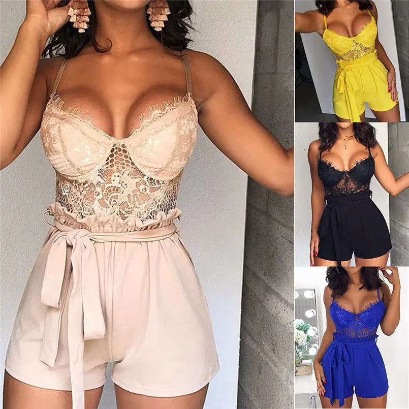 New  Women Summer Sexy Solid  Fashion Lace Jumpsuits Vest Tank Top Casual Playsuit Loose Beach Short Elegant Lady Pants #4R06 (1)