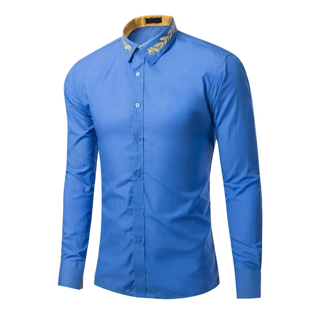 Laamei Long Sleeve Loose Spring And Autumn Men’s Shirt New Men’s Fashion Neckline Embroidered Cotton Solid Color Buttoned