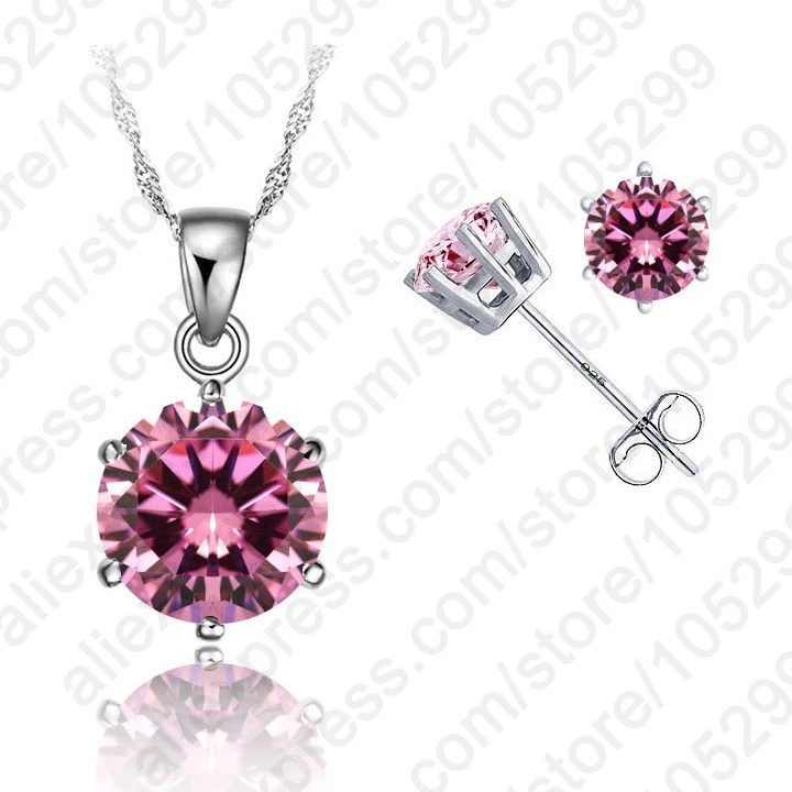

JEXXI 8 Colors Cubic Zirconia Hot Genuine 925 Sterling Silver Jewelry Sets 6 Claws Stud Earring Pendant Necklace 18" Chain