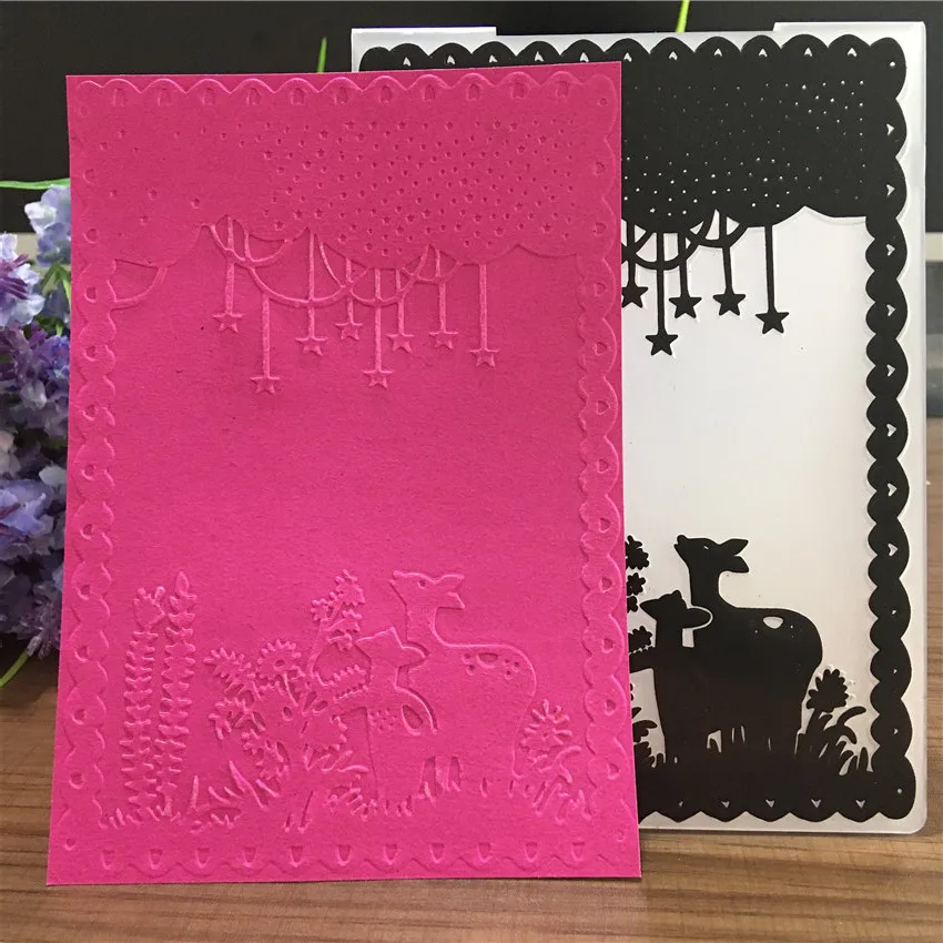 

Forest Deer Embossing Folder Night For Scrapbooking Photo Album Paper Card Gift Star Flower Branches Pattern Plastic Stencil