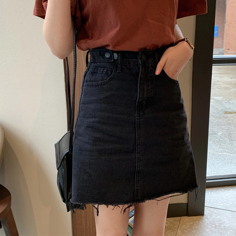 

A-Line Summer Denim Skirts Women Button Tassel Pockets Jeans Skirts Korean Vintage Mini Short Skirts Sexy Black Skirt Plus Size
