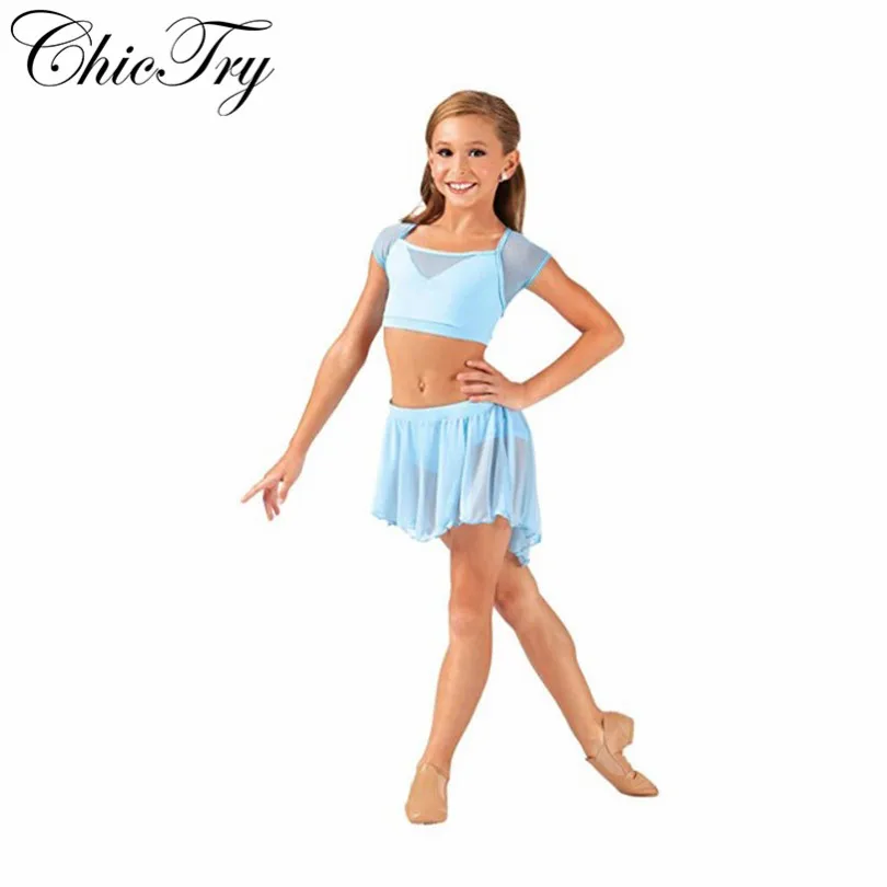 

Kid Teens Gymnastics Crop Top Mesh Skirt Set Girls Shorts Suits Lyrical Contemporary Ballet Dance Costumes Stage Performance Set