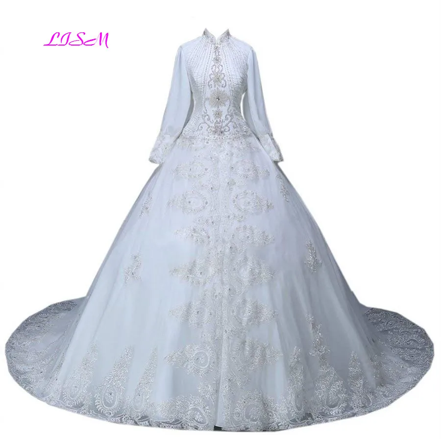 

Real Photos Elegant Islamic Long Sleeve Lace Appliques Muslim Dresses Beaded Maxi Formal Dress Luxurious Long Gowns for Wedding