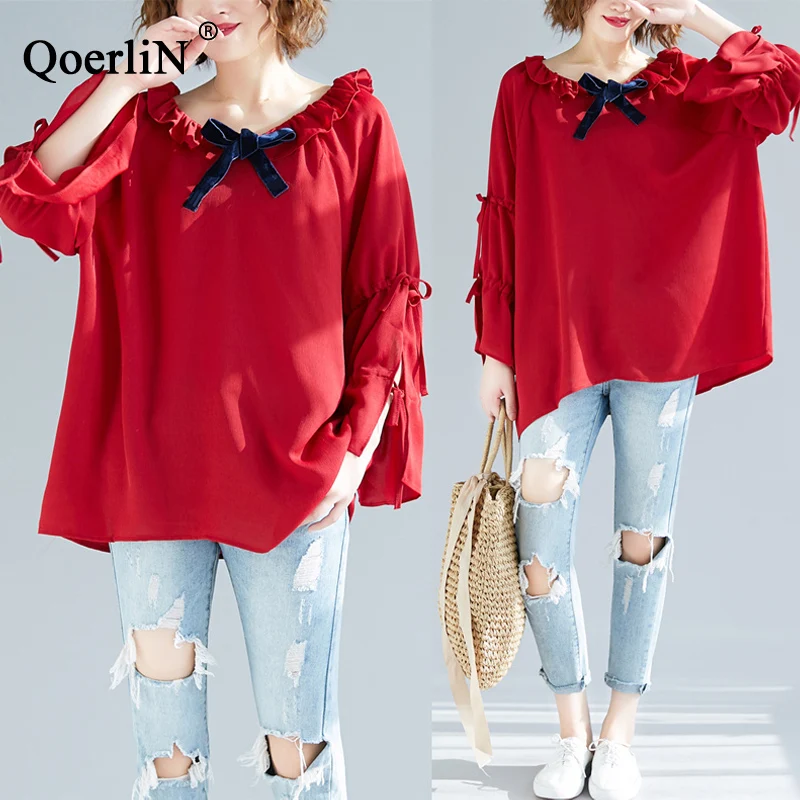 

QoerliN Fashion Women Long Sleeve Blouse Peter Pan Collar Shirt Ladies OL Party Top Streetwear Elegant Loose Casual Blouse Tops