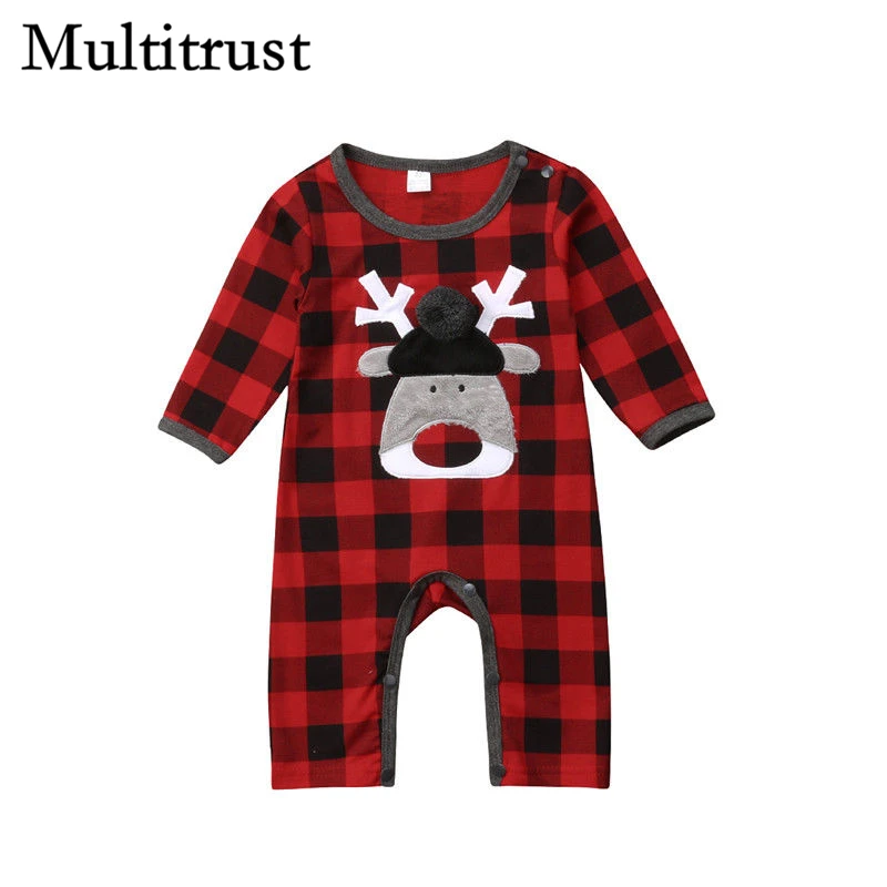

2018 Multitrust Brand Christmas Newborn Baby Girl Boy Clothes Deer Romper Plaid Jumpsuit Xmas Autumn Outfits Clothing