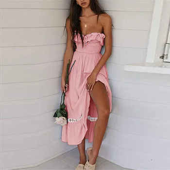 

Summer Casual Dress Women Sexy Sleeveless Strapless Ruffled Off Shoulder Long Dress Beach Swing Cocktail Sudress Vestidos#30