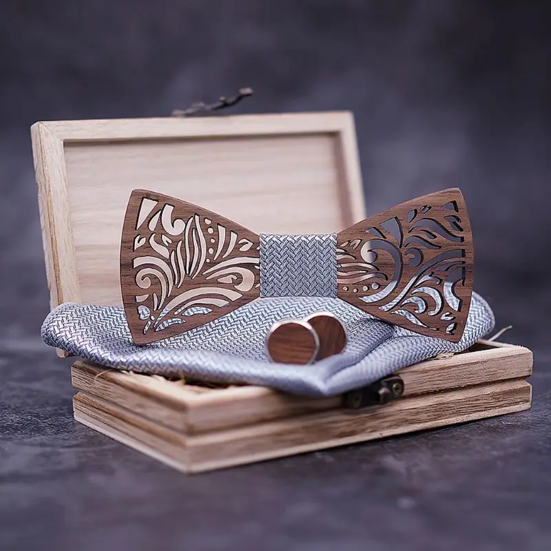  2019 Wooden Bow Tie Set And Handkerchief Cufflinks Bowtie Necktie Gift For Men Wedding Party