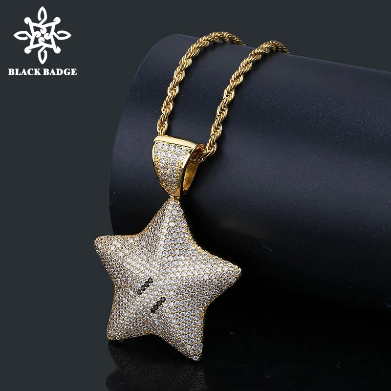 

Men's Gold Iced Cartoon Pentagram Star Pendant Chain Necklace Charm Bling Cubic Zircon Hip hop Jewelry Tennis Chain For Gift