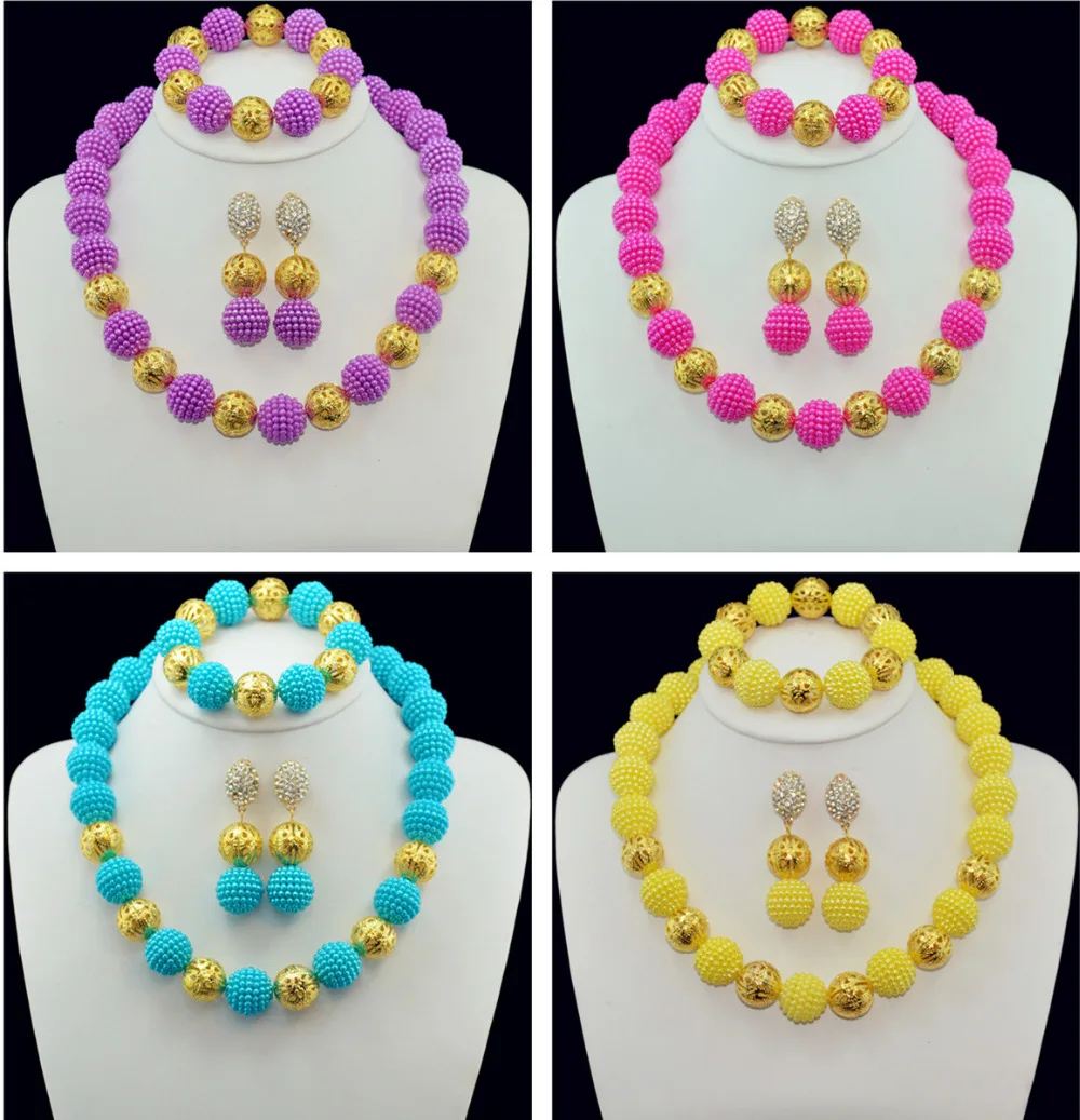 

Nigeria beaded wedding jewelry set a ring of gold ball beads Africa bridal bridesmaid necklaces earrings bracelets jewelry set