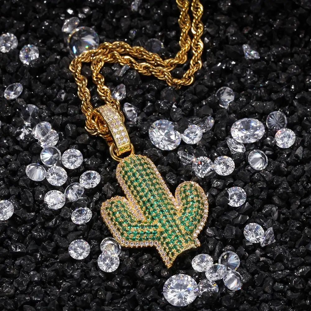 Хип хоп микро паве зеленый AAA кубического циркония Bling лед из растений кактус подвески ожерелья для мужчин рэппер ювелирные изделия