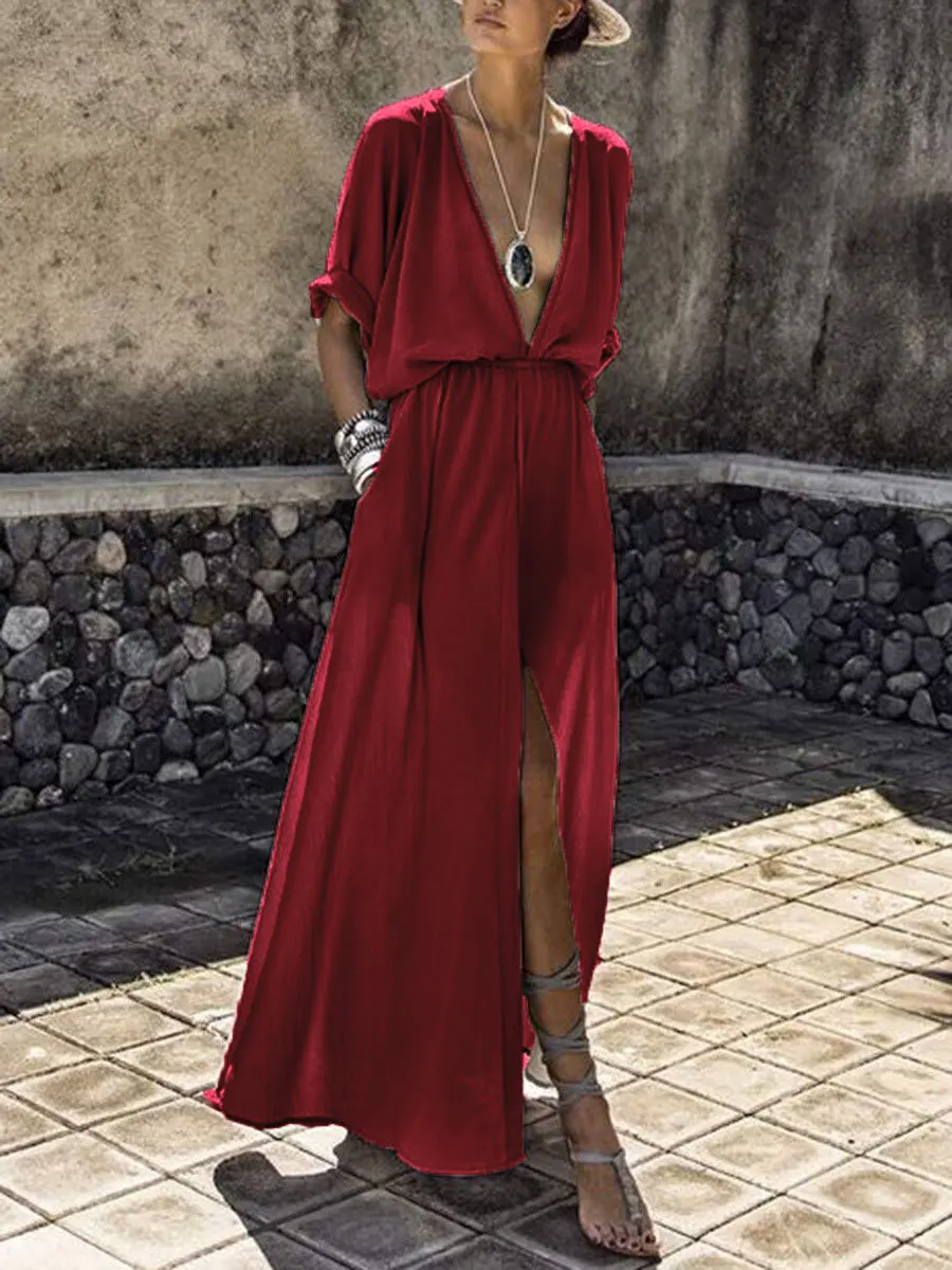 

New Arrival Deep V Neck Loose Dress Solid Long Black Dress Plus Size Summer Beach Dress 3xl 2019 Women European Dress Styles