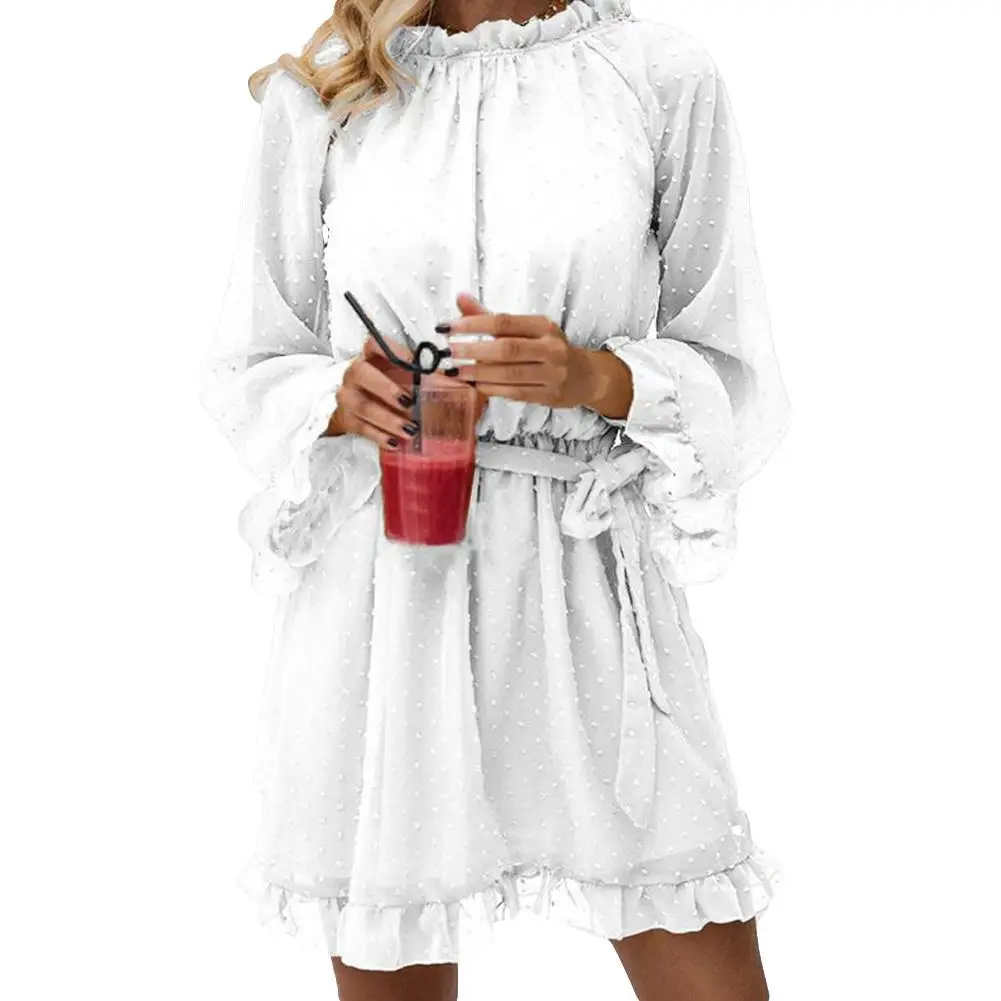 

Sanwood Women Sexy See Through Beach Dresses Fashion Sexy Lace Backless O-Neck Long Sleeve Casual Mini iDress