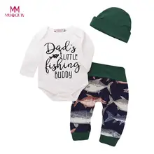 Одежда для новорожденных мальчиков и девочек хлопковый комбинезон с длинными рукавами и круглым вырезом с надписью+ длинные штаны с принтом акулы+ шапка, комплект одежды для малышей