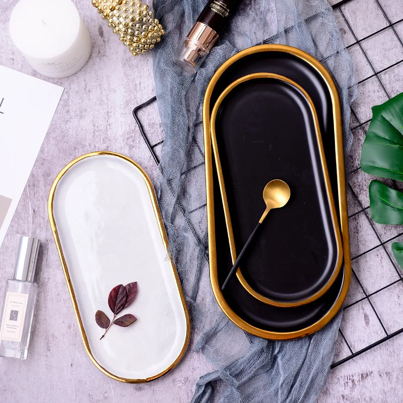 Marble Nordic Black Gold Luxury Ceramic Creative Retro Personality Home Tray Dessert Plate Jewelry Tray Dishes and Plates Sets Marble Nordic Black Gold Luxury Ceramic Creative Retro Personality Home Tray Dessert Plate Jewelry Tray Dishes and Plates Sets
