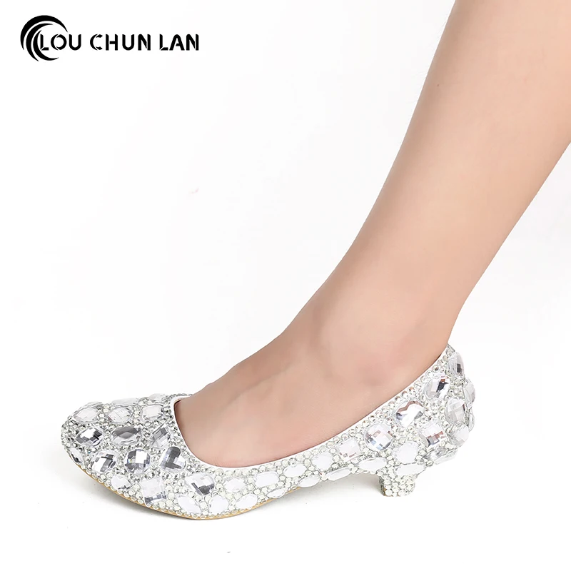 

LOUCHUNLAN Woman Shoes Round Toe Full Rhinestone Handmade Pumps Wedding Shoes Low Heels Fashion Elegant Sandals Female Shoe