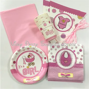 

43pcs/lot Pink Baby Girl Gender Reveal Disposable Tableware Set Baby Girl Born Party Birthday Party Decoration Supplies