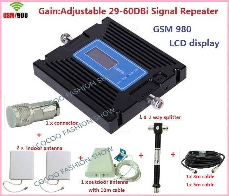 

1Set LCD Display High Power Gain Control GSM980 900MHz Mobile Phone Cell Phone Signal Booster Amplifier Repeater with 2 antenna