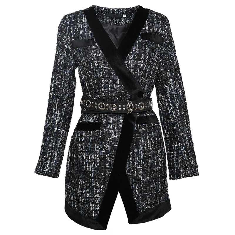 

Autumn and winter new small fragrance V-neck long-sleeved tweed wool high-waist split blazer with belt
