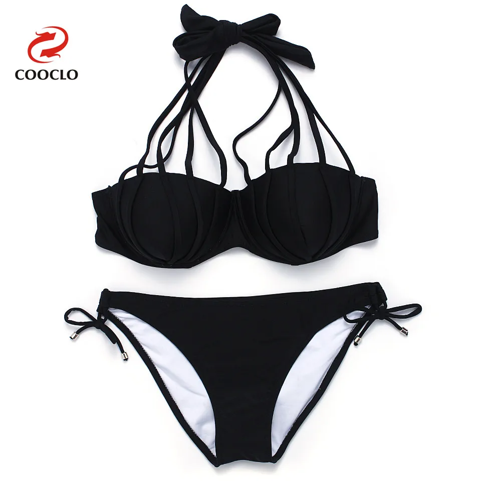 

COOCLO Bikini 2019 Bandeau Top Swimwear Neck Ties Solid Women Sexy Bikinis Set Halter Brazilian Beachwear Swimsuits Bathing Suit
