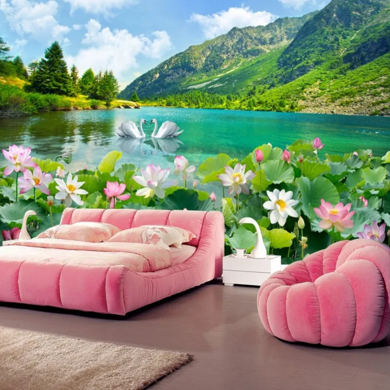 Dropshipping Fatman Flower Wallpaper Swan Lake Landscape 3d Wall Murals Living Room Foto Wallpapers Wall Covering Papel Parede