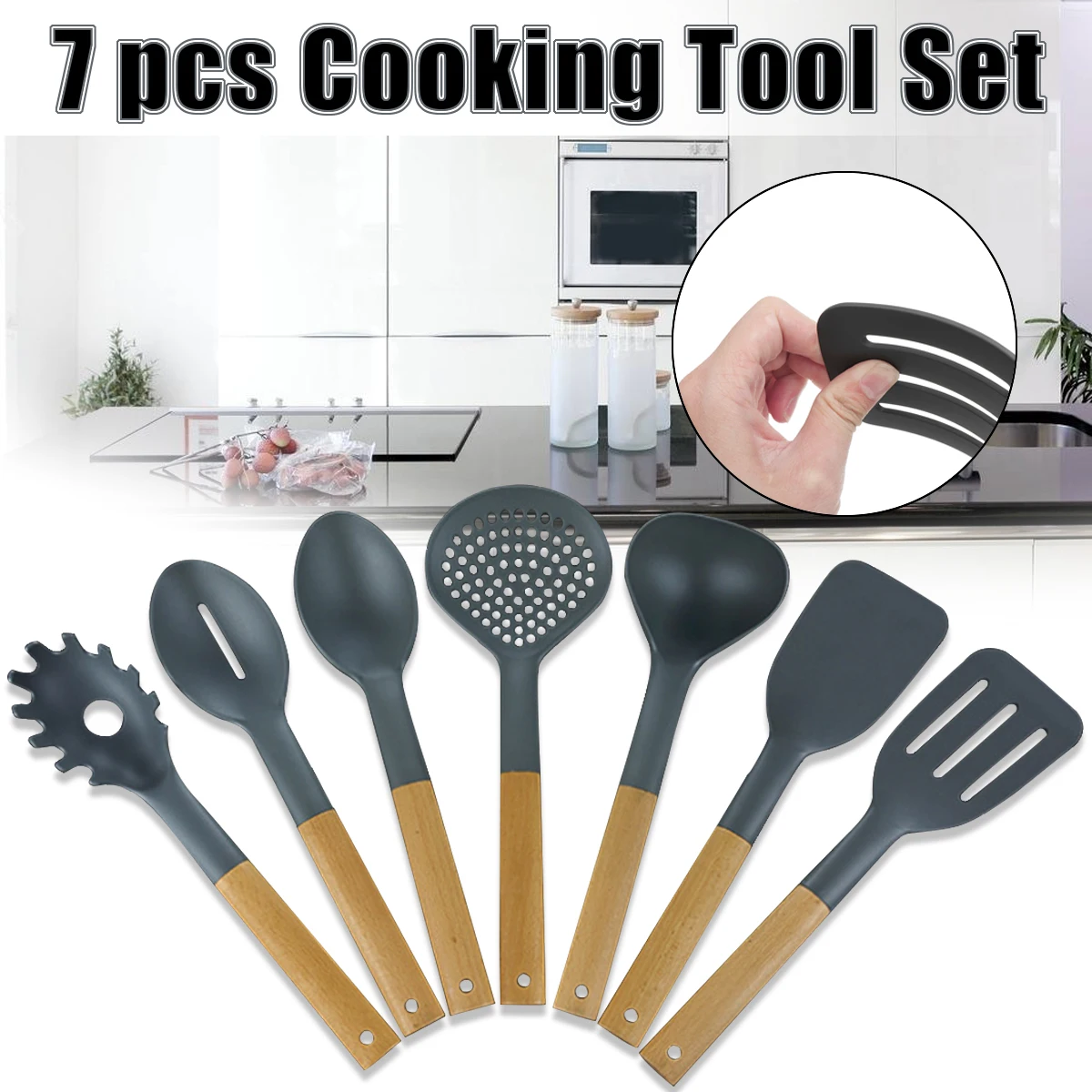 7 Pcs Spatula Spoon soup ladle Shovels Wooden Handle Silicone