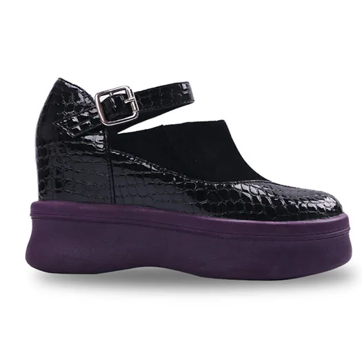 black purple sole Женские туфли на танкетке; Туфли на каблуке из змеиной кожи; Подиумные туфли на высоком каблуке; Размеры 4, 34, красные лакированные туфли на платформе; модель года; черные туфли с ремешком на щиколотке и круглым носком - Цвет: black purple sole