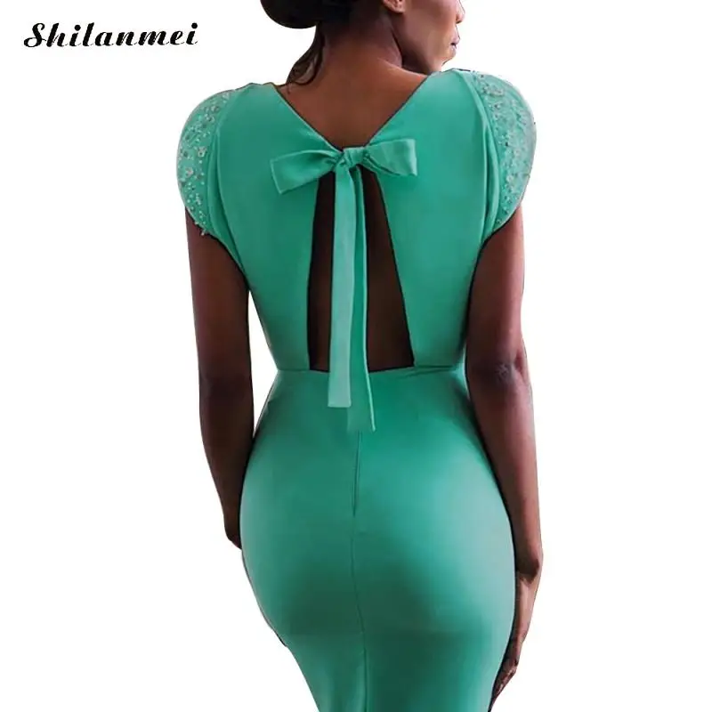 

Backless Fashion Sexy Women Bodycon Dress Slim Skinny O Neck Puff Sleeve Dresses 2019 Party Maxi Solid Long Dress Vestido