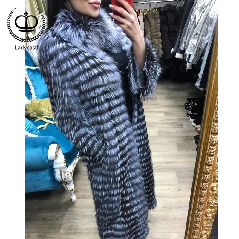 

2019 New Women Long Real Sliver Fox Fur Coat Stand Collar Pelt Fur Natural Coat Women Fox Jacket Genuine Winter Fashion FC-144