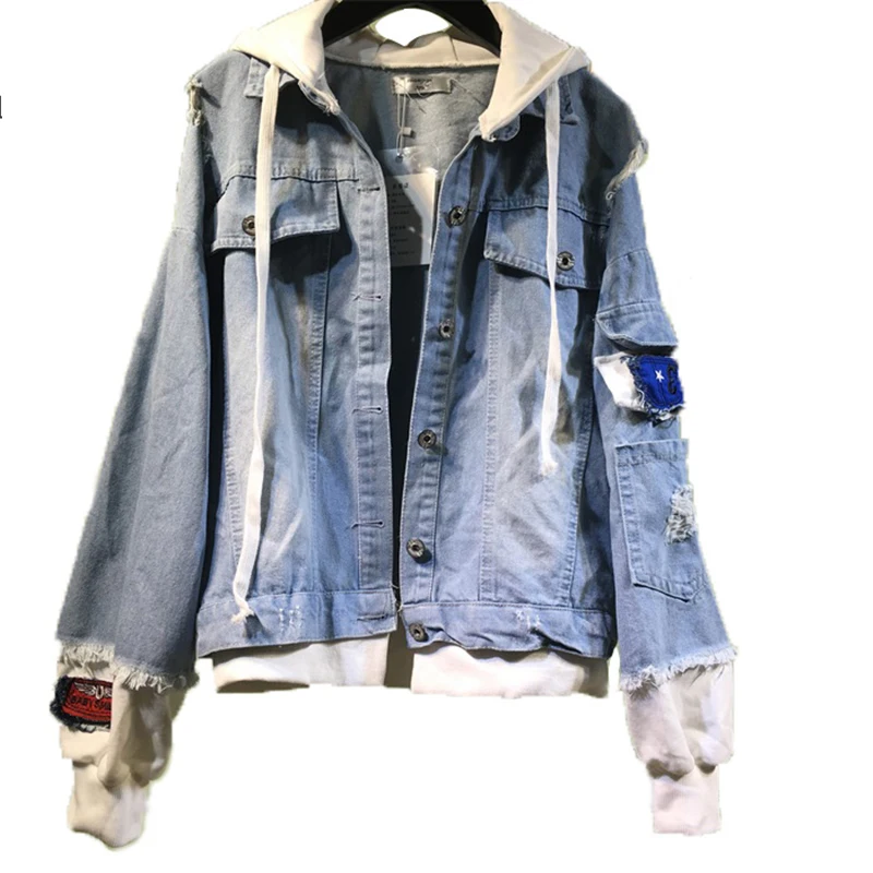 Embroidery Badges Women Hooded Denim Jacket New 2018 Ladies Oversize