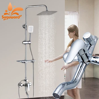 

Suguword Chrome Shower Combo Set 8 inch brass Ultra-thin Shower Head and Hand Shower Hot and Cold Switch Rotation Storage Shelf
