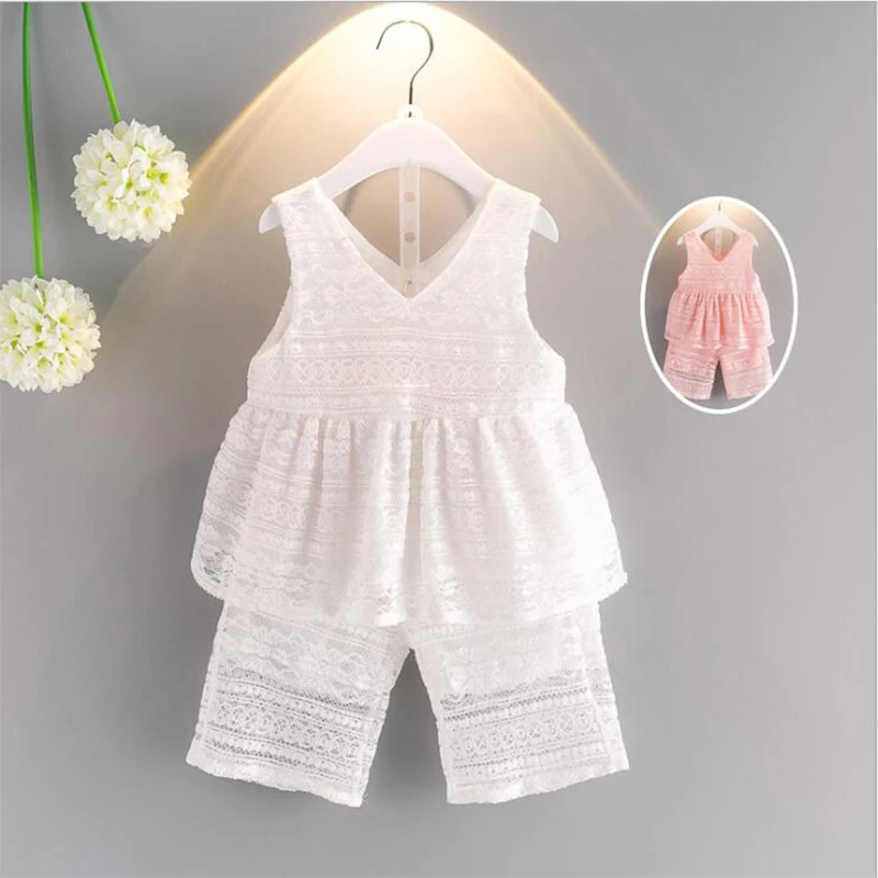 

Kids Clothes 2017 Fashion Sleeveless casual Baby Girls lace vest+Shorts 2pcs set Summer Outfits toddler girls clothing summer 2-
