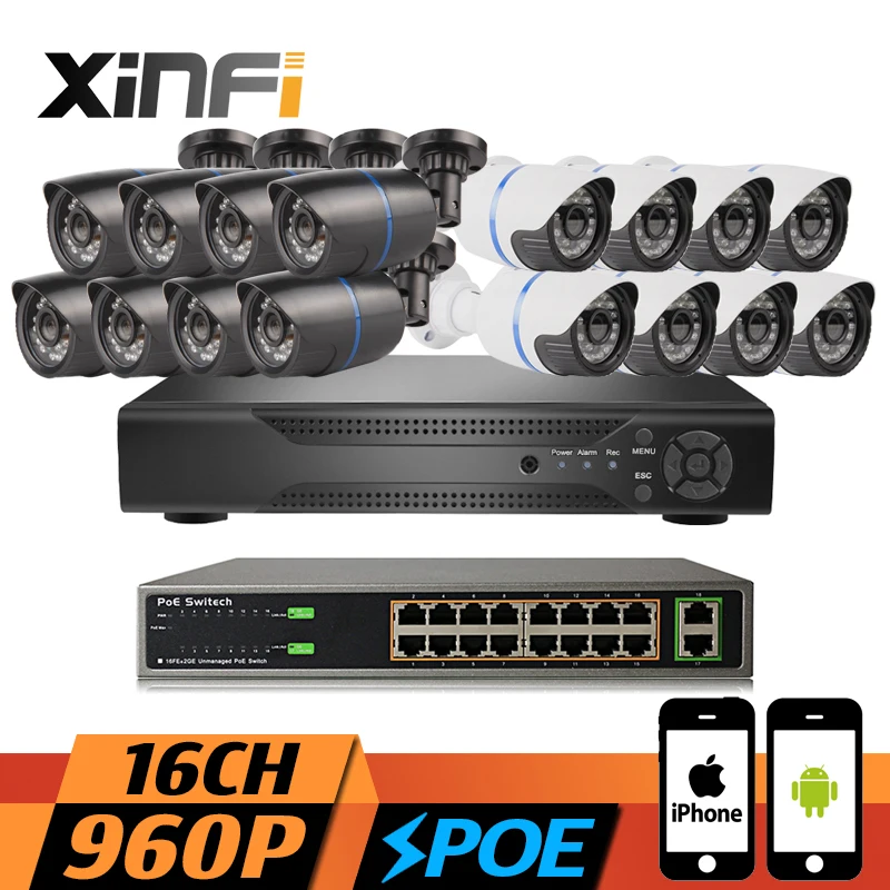

XINFI 16ch POE 1.3MP Camera System 1080P HDMI NVR Recorder 16 ports POE Switch CCTV kit 960P Security Camera poe cctv System