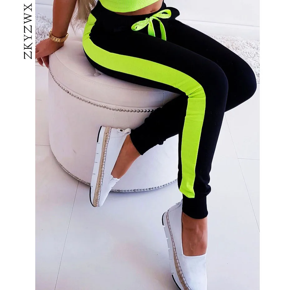

ZKYZWX Side Neon Green Pink Black Splice Streetwear High Waist Pants Womens Casual Pencil Trousers Summer Joggers Sweatpants